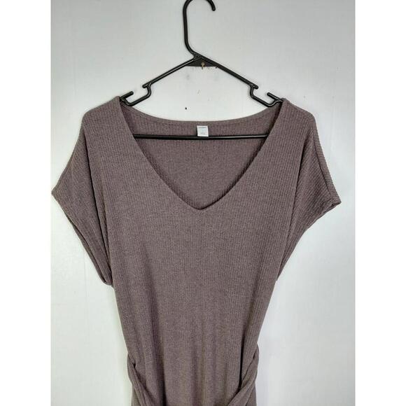 Old Navy Dress Womens S Maxi Tie Waist Brown Ribbed Knit Sweater Short Sleeve - Picture 2 of 8